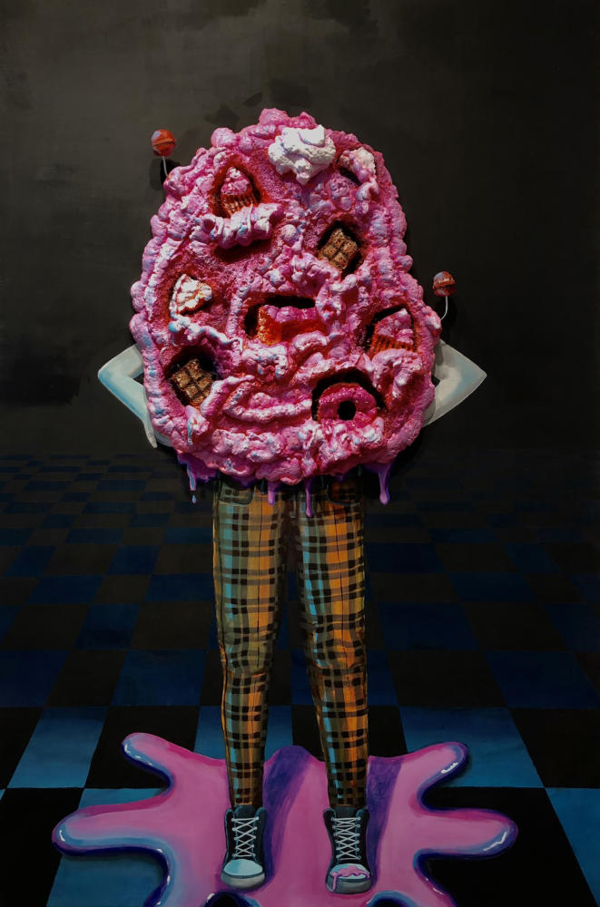 A sculptural painting depicting a figure in plaid pants with pink cotton candy or ice cream replacing their upper body.
