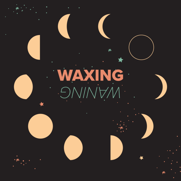 The text "Waxing Waning" circled by moon illustrations