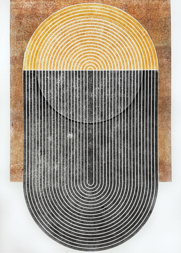 A print of half a yellow circle appearing as the sun with an elongated half-oval of black under the yellow. Both parts of the yellow and black oval are connected by concentric white lines that nest within the oval shape.