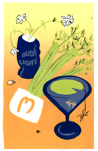 Set in an ombre background ranging from orange at the bottom to yellow at the top, a portrait image is shown. In the bottom right corner, a goldfish swims in a blue martini glass filled with green liquid that also has a black spider hanging from the rim. Beside which, another black spider crawls toward a McDonald’s small fry sleeve in the center. From this bag, green plants with thick, cactus-like stems grow, with branches from their tops separating into leaves. Next to the french fry sleeve in the top left corner, a crumpled, blue Bud Light can is filled with three daisies, one of which is wilted and has dropped a petal while a black fly sits atop a second one’s bowed stem.