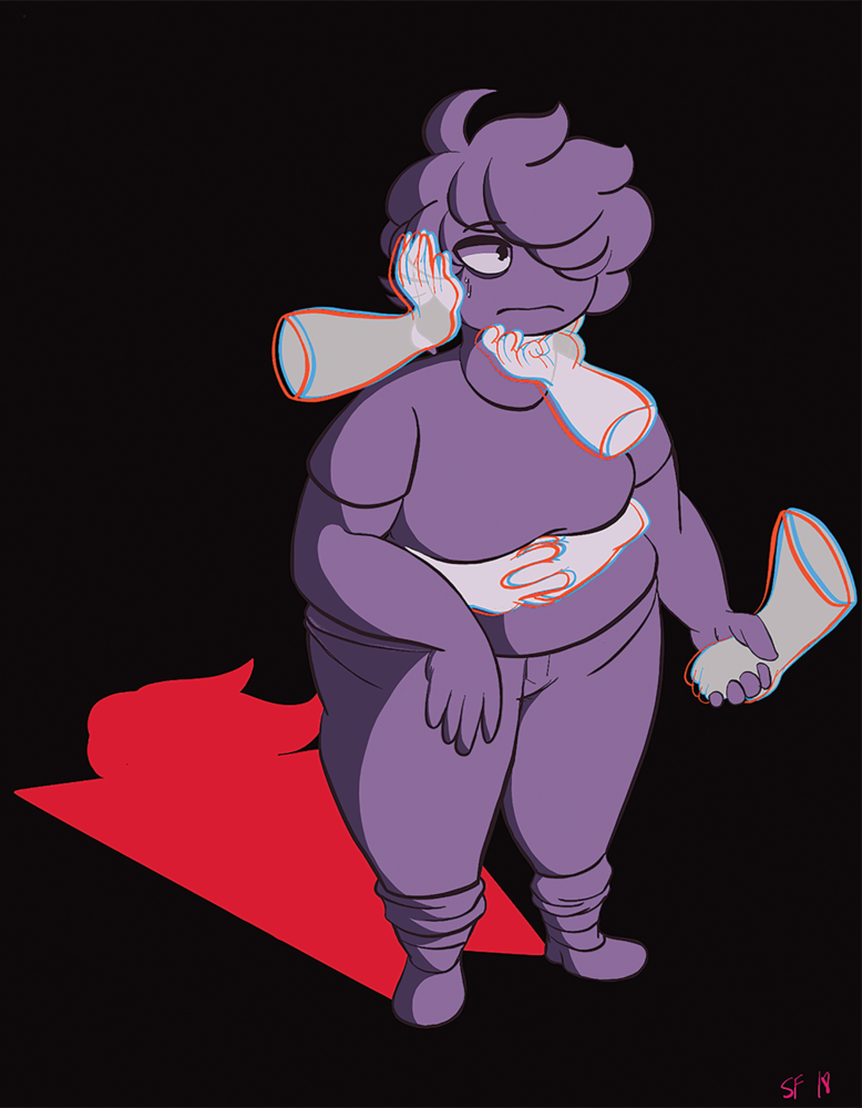 A figure illustrated in all one shade of violet stands in the center of a black background and casts a red shadow. Around the figure are hands and forearms that are not attached to other figures; they are white and outlined with red and blue. One such hand holds the purple figure’s hand. Two more forearms wrap around the figure’s stomach, while one hand lightly touches the figure’s cheek and another cradles the figure’s chin.