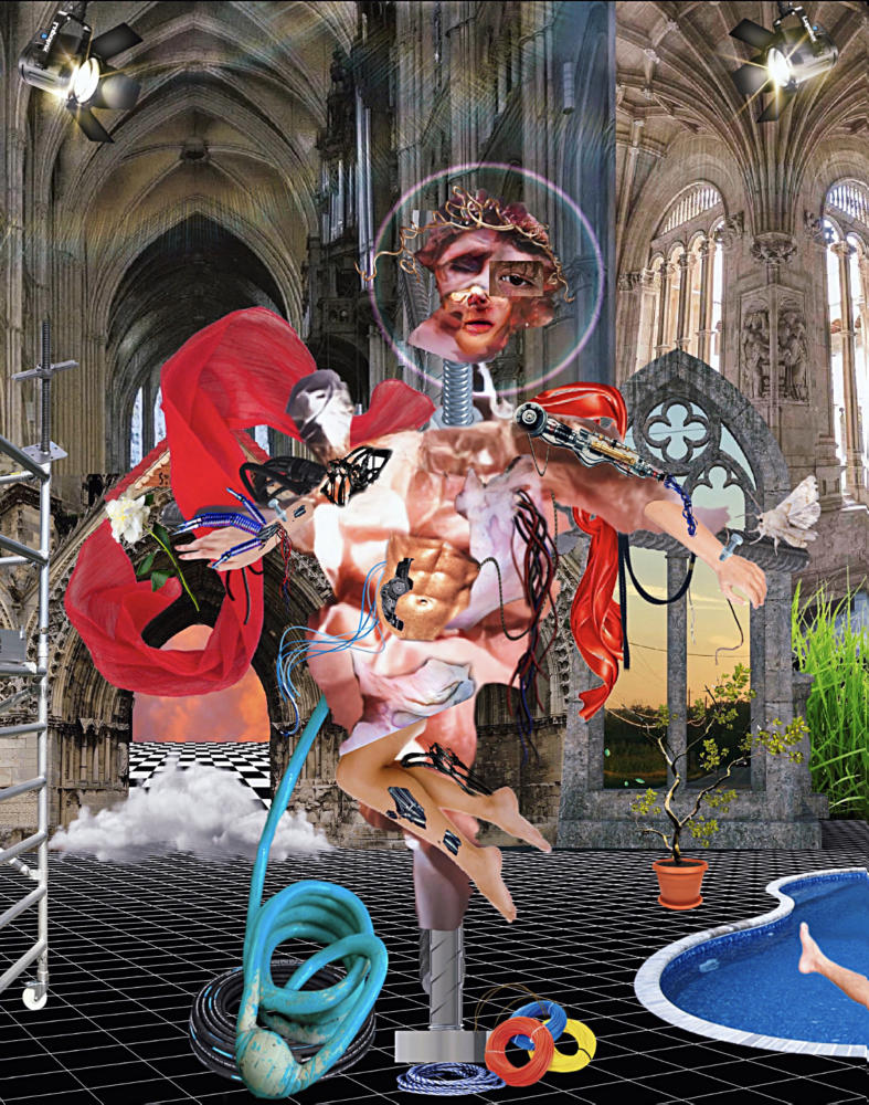 A digital collage with interior cathedral architecture as the background, along with a gridded plane. A figure made up of cropped photos of men and machines takes up the center of the frame. In the bottom right corner is a pool with someone's bare leg entering from off the frame.