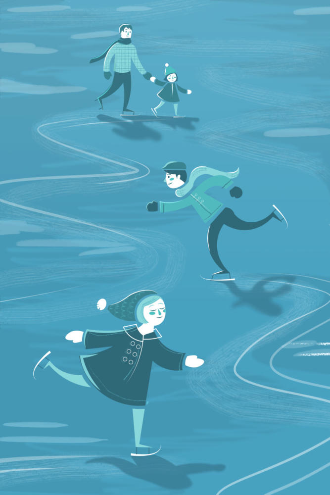 A whimsical illustration of a frozen lake, colored light blue with white accents. All figures are wearing blue and their skin is white with blue accents. In the top middle of the image, a man and little girl ice skate; the man is in a checkered sweater with mittens, a dark skarf, and pants. The girl wears an overcoat, light pants, and a hat with a pom-pom. In the middle of the frame is a man skating vigorously, wearing an ascot hat, light scarf, mittens, a coat, and dark pants. In the bottom middle of the frame, a young woman with bobbed hair skates gracefully with eyes closed. She wears an overcoat, a long pom-pomed hat, light pants, and white mittens. All the figures appear happy.
