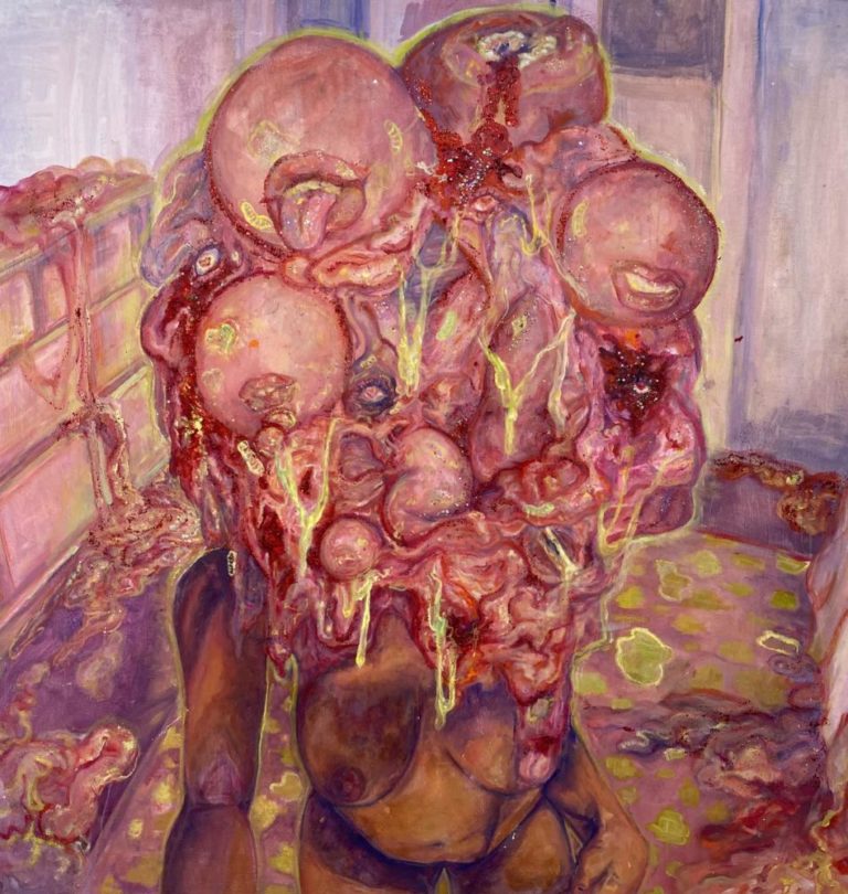 Surreal painting of a topless woman whose head is a clump of bubbles or organs with mouths and tongues sticking out
